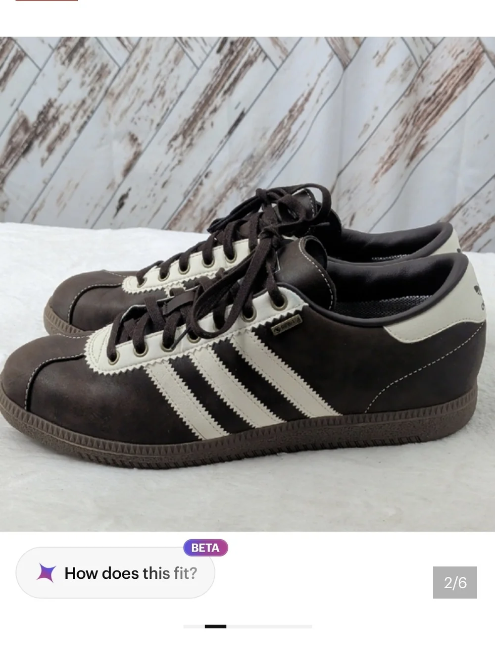 Mens 7.5, Ladies 9 adidas Brown Sneakers with Cream Three-Stripes